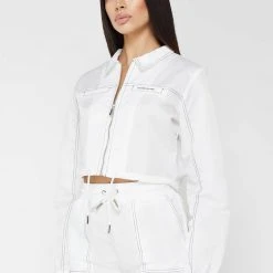 Woman Jackets Nylon Contrast Stitch Track Top - White