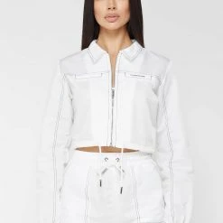 Woman Jackets Nylon Contrast Stitch Track Top - White