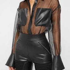 Woman Tops Organza Bodysuit - Black