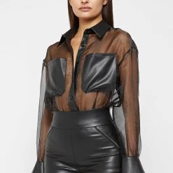 Woman Tops Organza Bodysuit - Black