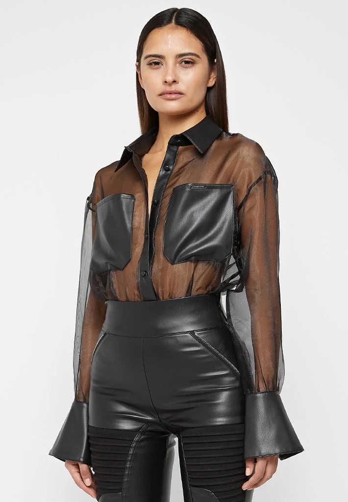 Woman Tops Organza Bodysuit - Black