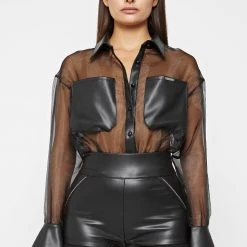 Woman Tops Organza Bodysuit - Black