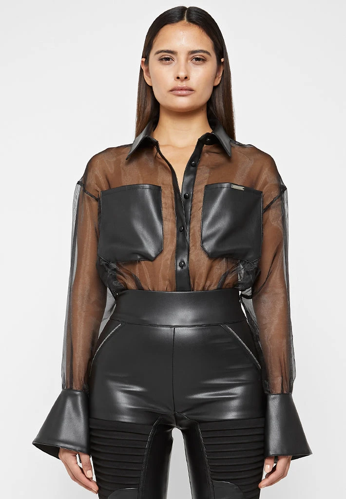 Woman Tops Organza Bodysuit - Black