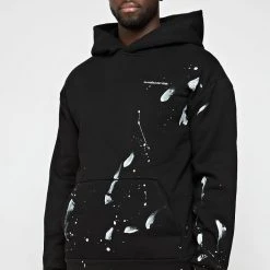 Man Tracksuit Tops Paint Splatter & Distressed Hoodie - Black TRACKSUITS