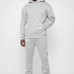 Man Tracksuit Tops Paint Splatter & Distressed Hoodie - Grey TRACKSUITS