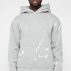 Man Tracksuit Tops Paint Splatter & Distressed Hoodie - Grey TRACKSUITS