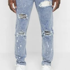 Man Denim Paint Splatter Jeans - Stonewash Blue