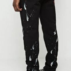 Man Tracksuit Bottoms Paint Splatter & Distressed Track Pants - Black TRACKSUITS