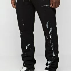 Man Tracksuit Bottoms Paint Splatter & Distressed Track Pants - Black TRACKSUITS