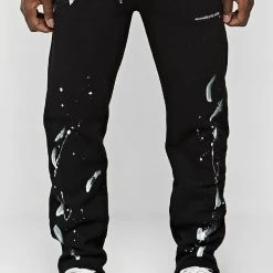 Man Tracksuit Bottoms Paint Splatter & Distressed Track Pants - Black TRACKSUITS