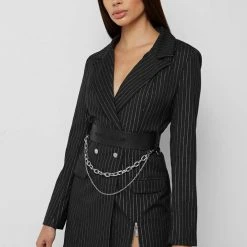 Woman Dresses Pinstripe Blazer Dress - Black