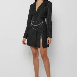 Woman Dresses Pinstripe Blazer Dress - Black