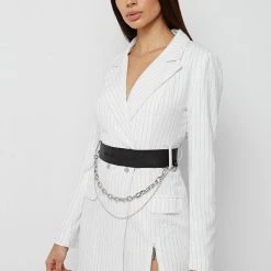 Woman Dresses Pinstripe Blazer Dress - White