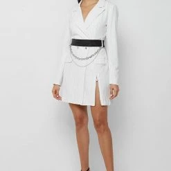 Woman Dresses Pinstripe Blazer Dress - White