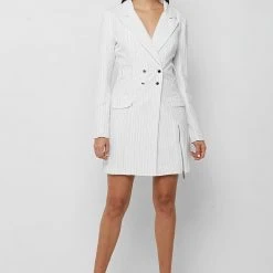 Woman Dresses Pinstripe Blazer Dress - White