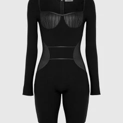 Woman Jumpsuits Pleated Vegan Leather & Bandage Playsuit - Black JUMPSUITS & PLAYSUITS