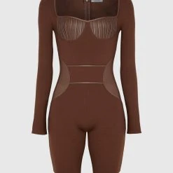 Woman Jumpsuits Pleated Vegan Leather & Bandage Playsuit - Brown