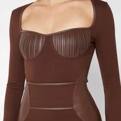 Woman Jumpsuits Pleated Vegan Leather & Bandage Playsuit - Brown