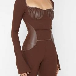 Woman Jumpsuits Pleated Vegan Leather & Bandage Playsuit - Brown