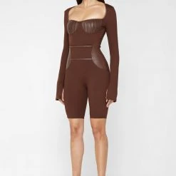 Woman Jumpsuits Pleated Vegan Leather & Bandage Playsuit - Brown