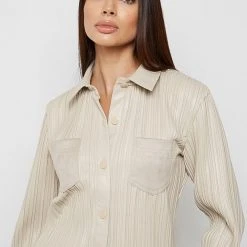 Woman Shirts Pleated Leather Shirt - Beige