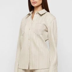 Woman Shirts Pleated Leather Shirt - Beige