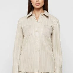 Woman Shirts Pleated Leather Shirt - Beige