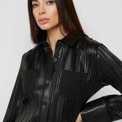 Woman Shirts Pleated Leather Shirt - Black