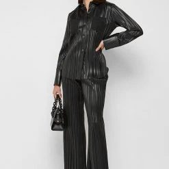 Woman Shirts Pleated Leather Shirt - Black