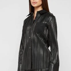 Woman Shirts Pleated Leather Shirt - Black