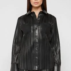 Woman Shirts Pleated Leather Shirt - Black