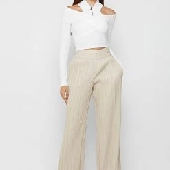 Woman Trousers Pleated Leather Trousers - Beige