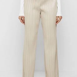 Woman Trousers Pleated Leather Trousers - Beige