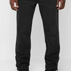 Man Denim Straight Leg Jeans With Poppers - Stonewash Black