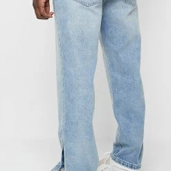 Man Denim Straight Leg Jeans With Poppers - Stonewash Blue