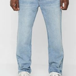 Man Denim Straight Leg Jeans With Poppers - Stonewash Blue