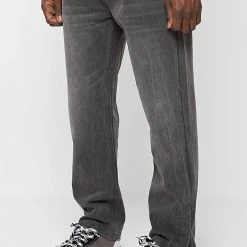 Man Denim Straight Leg Jeans With Poppers - Stonewash Grey