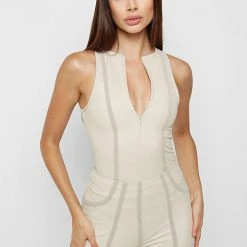 Woman Tops Racer Neck High Shine Bodysuit - Beige