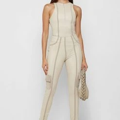 Woman Tops Racer Neck High Shine Bodysuit - Beige