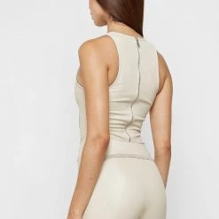 Woman Tops Racer Neck High Shine Bodysuit - Beige