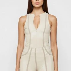 Woman Tops Racer Neck High Shine Bodysuit - Beige
