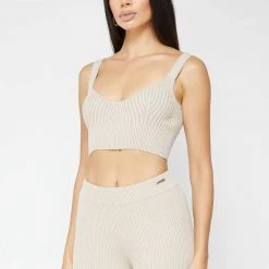 Woman Tops Ribbed Contour Crop Top - Beige TOPS & T SHIRTS