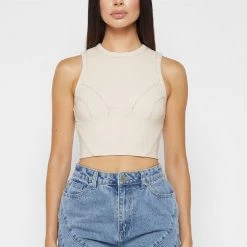 Woman Tops TOPS & T SHIRTS Ribbed Contour Racer Neck Top - Cream