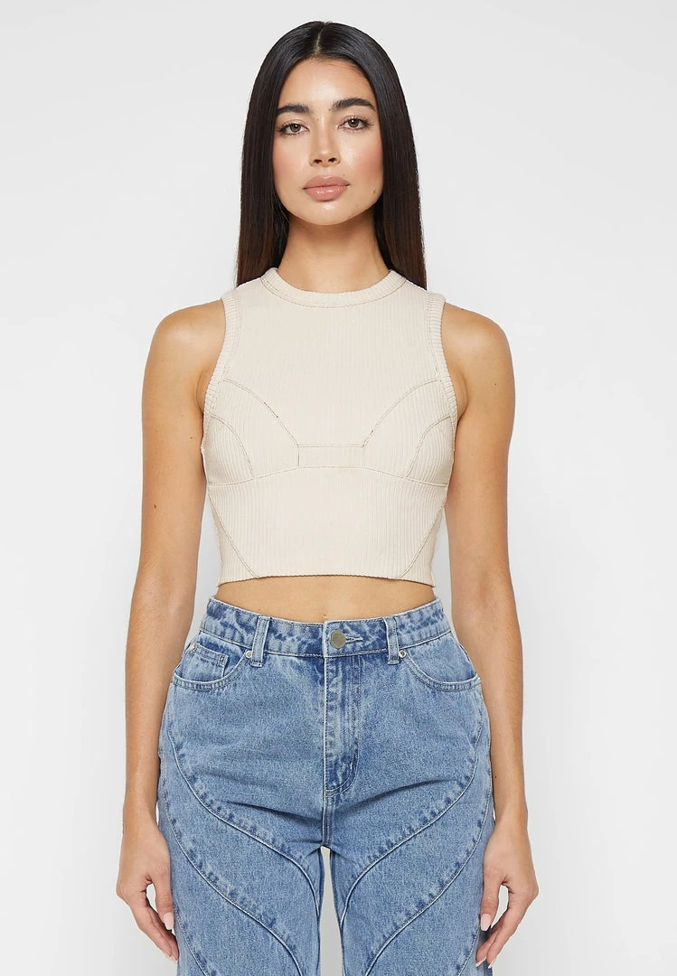 Woman Tops TOPS & T SHIRTS Ribbed Contour Racer Neck Top - Cream