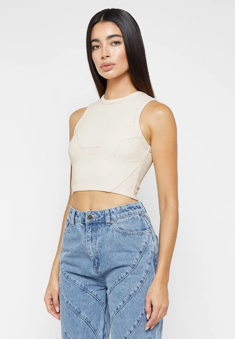 Woman Tops TOPS & T SHIRTS Ribbed Contour Racer Neck Top - Cream