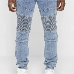 Man Denim Ribbed Detail Jeans - Blue