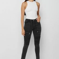 Woman Denim Ribbed Skinny Jeans - Black