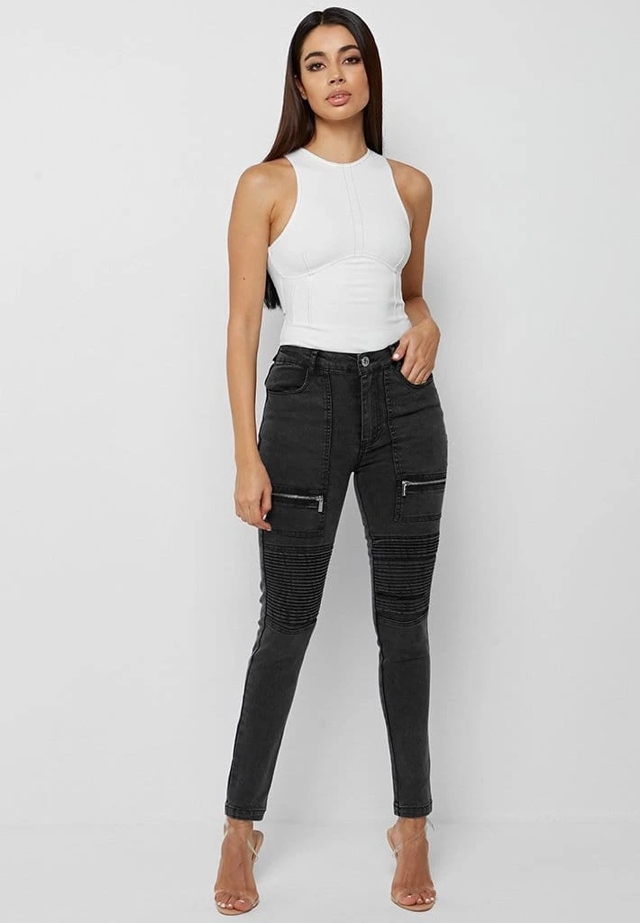Woman Denim Ribbed Skinny Jeans - Black