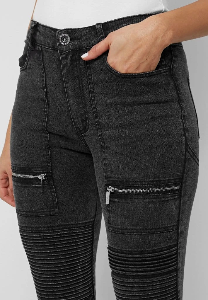 Woman Denim Ribbed Skinny Jeans - Black