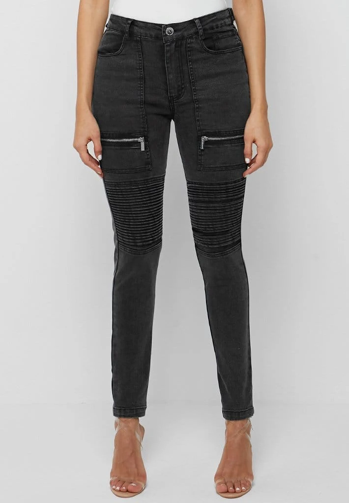 Woman Denim Ribbed Skinny Jeans - Black